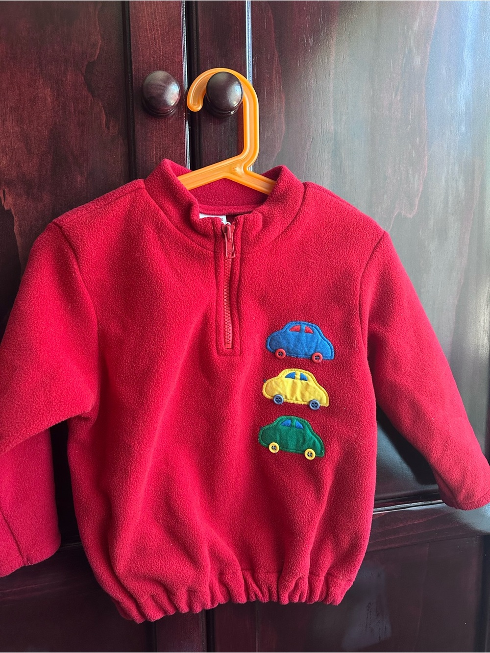 Vintage Red Kids Fleece Pullover with Car Appliqués